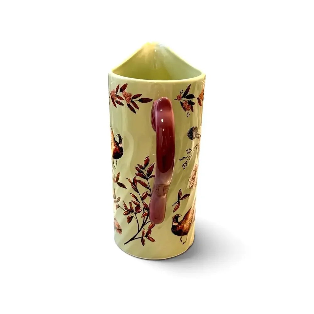 Anthropologie Elin Pitcher Handpainted Stoneware Pheasant Floral 18.5